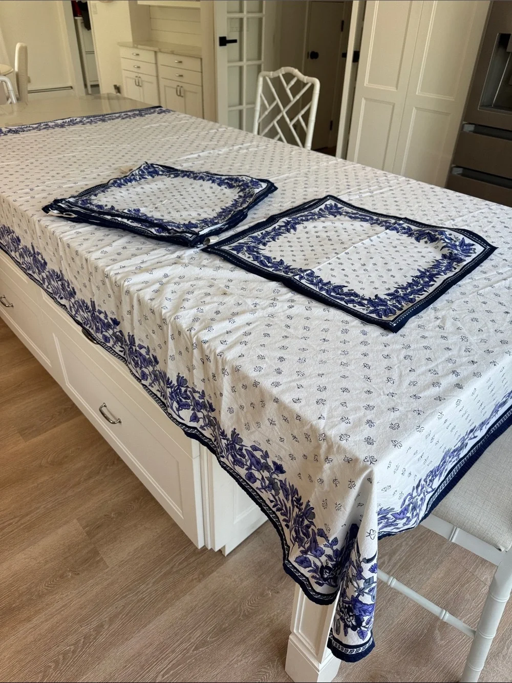 Williams Sonoma blue white French Provence floral block print tablecloth napkins